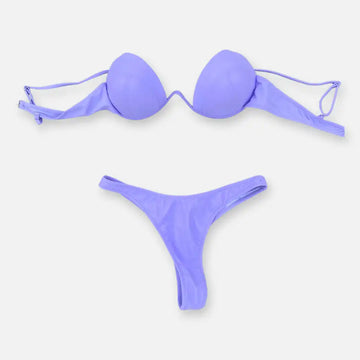 Light purple strapless bikini set with underwire cups and thong bottom.