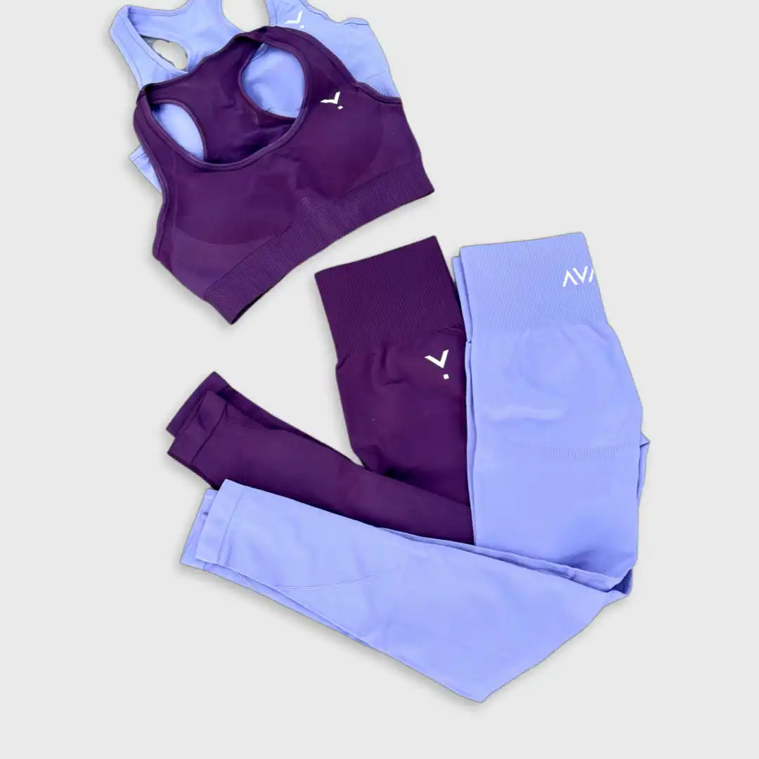 Purple and light blue women’s workout set consisting of a sports bra and leggings.