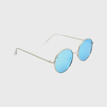 Round silver-framed sunglasses with light blue lenses.